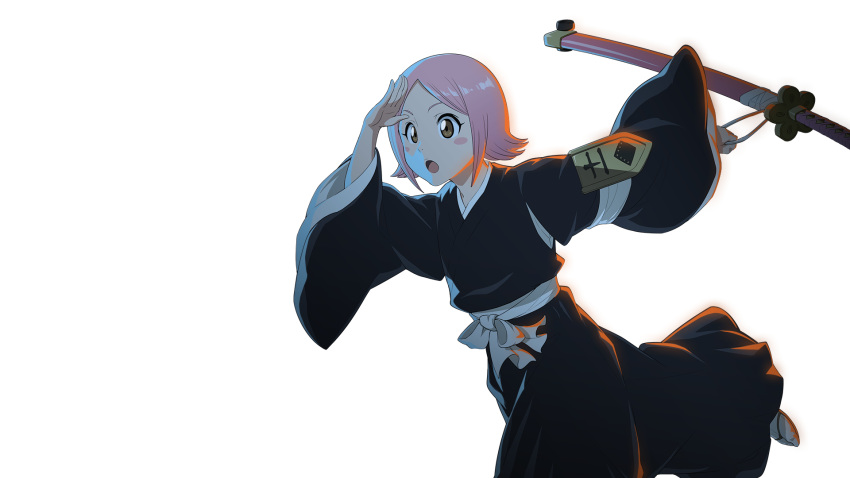 1girl :o anime_coloring arm_up badge black_hakama black_kimono bleach blush_stickers brown_eyes child flipped_hair foot_out_of_frame forehead fukutaichou_badge hakama highres holding holding_sword holding_weapon japanese_clothes katana kimono kusajishi_yachiru long_sleeves looking_ahead official_art open_mouth parted_bangs pink_hair sash shading_eyes short_hair simple_background solo standing standing_on_one_leg sword tabi tareme transparent_background weapon white_sash wide-eyed wide_sleeves