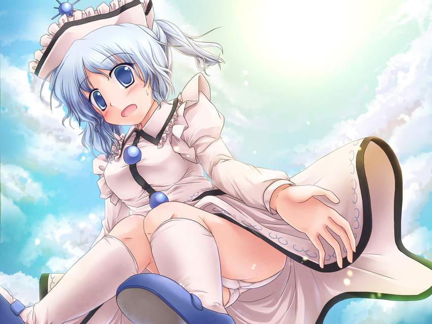 blue_eyes blue_hair blush cloud day dress hat highres kneehighs lavender_hair lzh merlin_prismriver panties pantyshot shoes short_hair sky socks solo touhou underwear white_panties