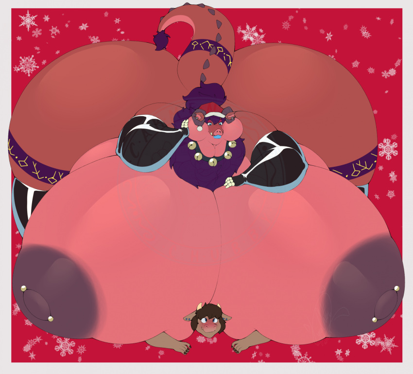 2023 2_horns 3_fingers 4_fingers anthro areola arms_bent armwear artist_logo barbell_piercing bell bell_collar big_areola big_breasts big_butt big_cheeks big_nipples black_areola black_armwear black_clothing black_collar black_elbow_gloves black_eyebrows black_fingernails black_gloves black_handwear black_legwear black_nails black_nipples black_thigh_highs blue_ear_piercing blue_eyes blue_lips blush blushing_profusely border bovid bovine breast_squish breasts brown_body brown_fur brown_hair butt cattle chest_tuft christmas christmas_clothing christmas_headwear closed_smile clothed clothed_anthro clothed_female clothing collar colored colored_nails curie_(acuri0uscow) curled_horn digital_drawing_(artwork) digital_media_(artwork) duo ear_piercing ear_ring elbow_gloves english_description eyebrows eyeshadow female female_anthro fingernails fingers fluffy fluffy_tail fur gloves gynomorph_(lore) hair hair_over_eyes half-closed_eyes hand_on_own_breast hand_on_own_face handwear hat headgear headwear hi_res holidays horn huge_areola huge_breasts huge_butt hyper hyper_breasts hyper_butt interspecies jasper_(jasperpiggy) larger_anthro larger_female latex latex_clothing latex_gloves latex_handwear latex_legwear latex_thigh_highs legwear light lighting lips logo long_hair long_tail looking_down looking_down_at_partner lyratrchubby makeup male male/female male_anthro mammal markings mouth_closed multicolored_body multicolored_fur multicolored_hair multicolored_tail nails narrowed_eyes nipple_barbell nipple_piercing nipples obese obese_anthro obese_female overweight overweight_anthro overweight_female piercing puffy_areola purple_body purple_fur purple_hair purple_horn purple_markings purple_tail_tuft red_background red_clothing red_eyeshadow red_hat red_headwear red_tail reptile ring_piercing santa_hat scalie shaded simple_background size_difference smaller_anthro smaller_male smile snow squish suid suine sus_(pig) symbol_on_thigh tail tail_markings tail_spines tail_tuft tan_horn thick_bottom_lip thigh_highs trans_(lore) trans_woman_(lore) tuft tusks under_boob white_border wide_hipped_anthro wide_hipped_female wild_boar
