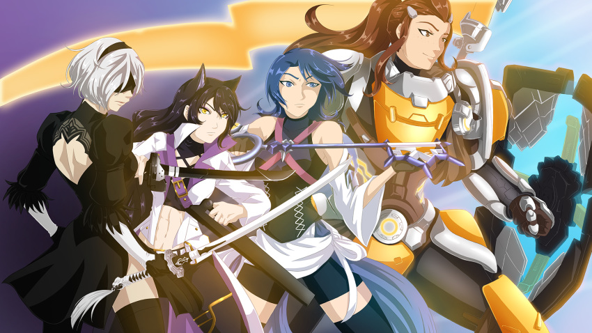 1girl 4girls android animal_ears aqua_(kingdom_hearts) armor back_cutout bare_shoulders black_blindfold black_dress black_footwear black_hair black_hairband black_legwear blake_belladonna blindfold blue_eyes blue_hair boots breasts brigitte_(overwatch) brown_eyes brown_hair cat_ears cleavage cleavage_cutout cleaver coattails commission covered_eyes detached_sleeves dress feather-trimmed_sleeves fingerless_gloves flower freckles gambol_shroud garter_straps gloves grey_hair gun hair_ornament hairband handgun high_heel_boots high_heels highleg highleg_leotard highres juliet_sleeves kama_(weapon) katana keyblade kingdom_hearts kingdom_hearts_birth_by_sleep kusarigama large_breasts leather leather_boots legwear_under_shorts leotard long_hair long_sleeves medium_breasts midriff multiple_girls navel nier_(series) nier_automata overwatch pantyhose pink_lips pistol ponytail puffy_sleeves ribbon rwby shirt short_hair shorts shoulder_tattoo sickle sidelocks silver_hair sleeveless sleeveless_shirt smile sword tattoo thigh_boots thighhighs thighhighs_under_boots toned vambraces vest weapon white_hair white_leotard yaya_(y8ay8a) yellow_eyes yorha_no._2_type_b