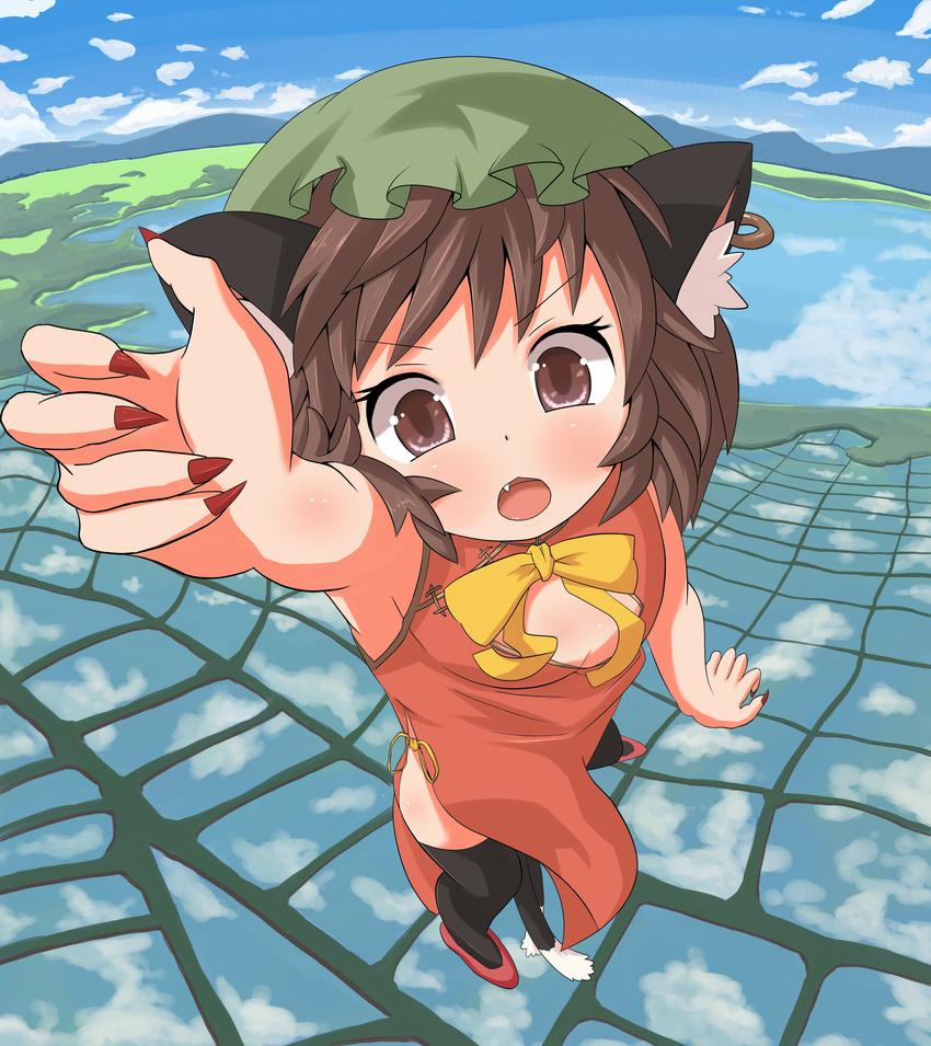 :o absurdres animal_ears between_legs black_legwear bow brown_eyes brown_hair cat_ears chen china_dress chinese_clothes cleavage_cutout cloud day dress fang fingernails flying highres jewelry maromi_gou nail_polish open_mouth reaching reflection rice_paddy sharp_fingernails short_hair single_earring sky solo tail tail_between_legs thighhighs touhou water