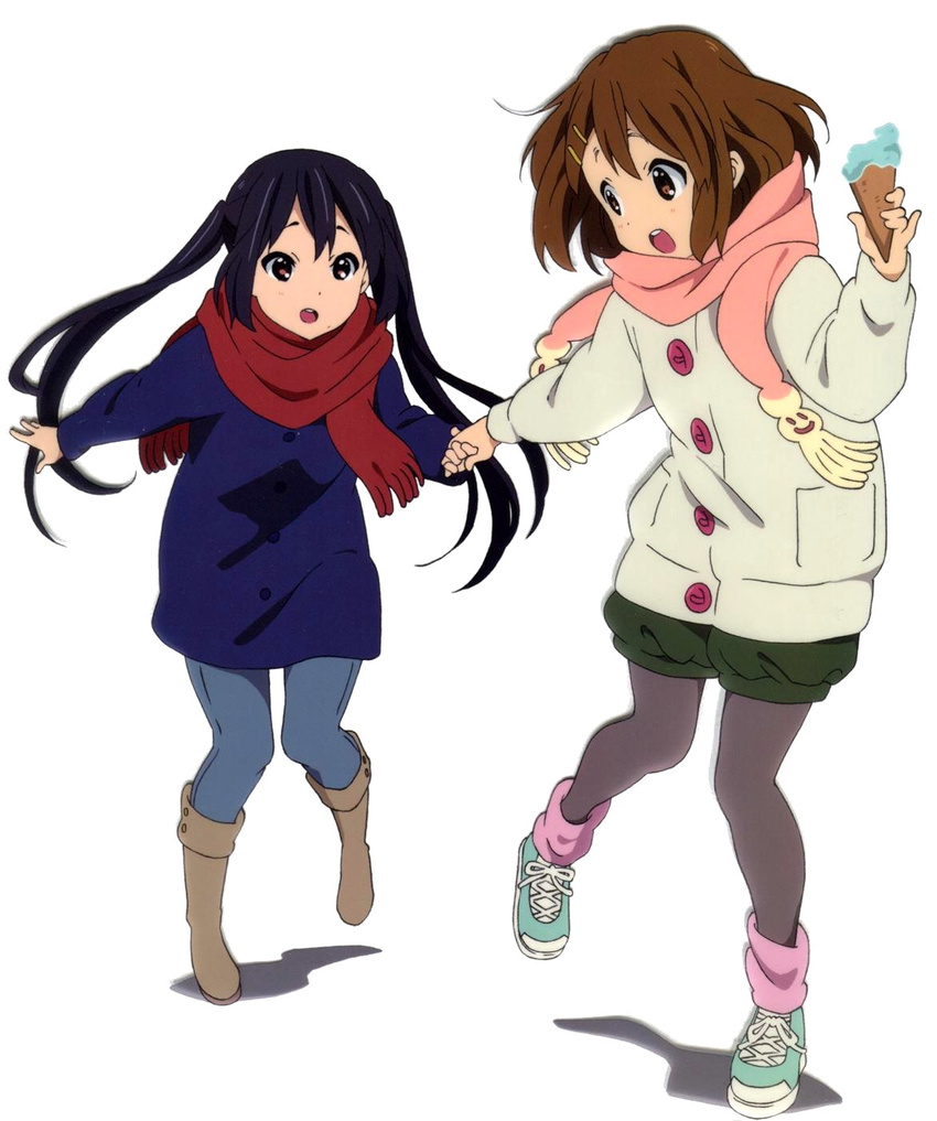 artist_request black_hair boots brown_hair coat denim fashion food hair_ornament highres hirasawa_yui holding_hands ice_cream jacket jeans k-on! legwear_under_shorts multiple_girls nakano_azusa official_art open_mouth pants pantyhose pink_scarf red_scarf round_teeth running scarf shoes short_hair shorts sneakers teeth twintails