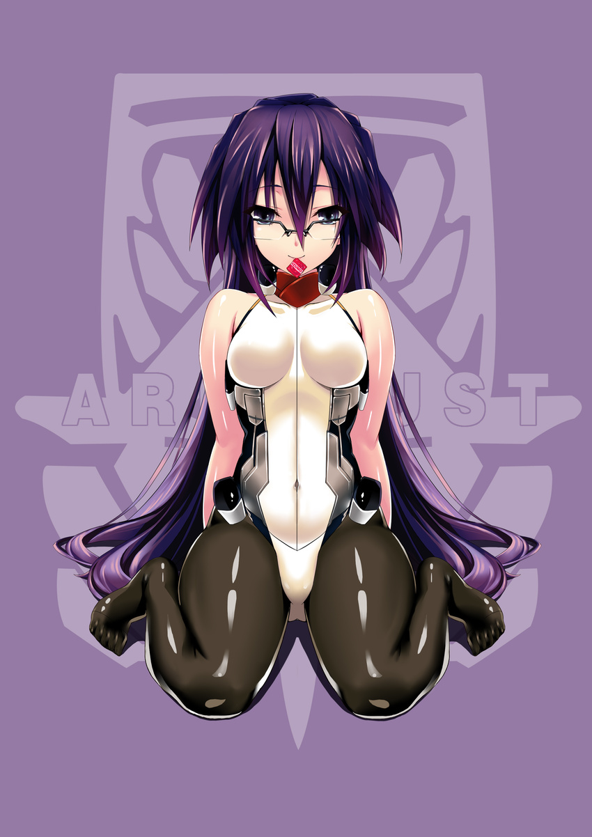 absurdres bad_id bad_pixiv_id breasts condom condom_in_mouth glasses highres kyoukaisenjou_no_horizon long_hair looking_at_viewer medium_breasts mizutsuki_rei mouth_hold ookubo_tadachika/nagayasu pantyhose purple_hair sitting smile solo very_long_hair wariza