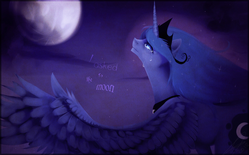 2012 blue_eyes blue_hair crying english_text equine female feral friendship_is_magic hair hi_res horn horse imalou mammal moon my_little_pony princess_luna_(mlp) solo tears text wallpaper winged_unicorn wings