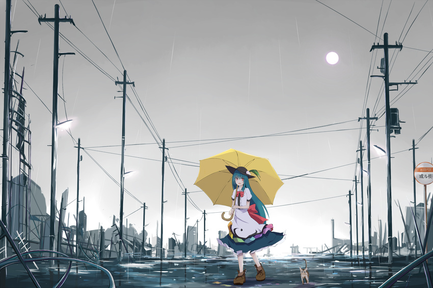 bad_id bad_pixiv_id blue_hair bus_stop cat food fruit hat highres hinanawi_tenshi long_hair looking_at_viewer open_mouth peach power_lines rain red_eyes ruins shirt sign skirt sky solo tetsurou_(fe+) touhou umbrella