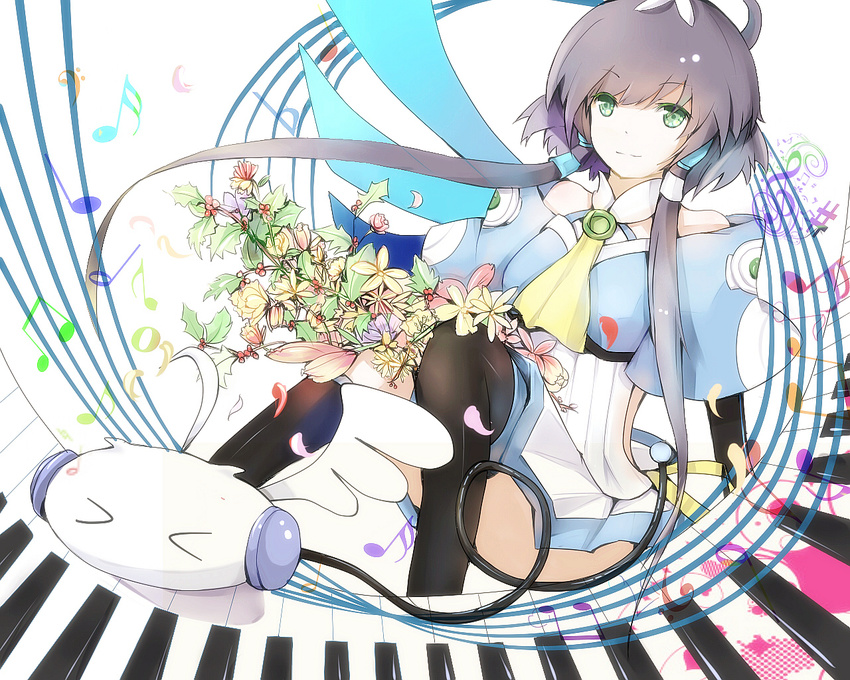 &gt;_&lt; ahoge ascot bare_shoulders bass_clef beamed_eighth_notes benghuai_7 black_hair black_legwear cable closed_eyes eighth_note eighth_rest fermata flat_sign flower green_eyes hair_ornament half_note long_hair luo_tianyi musical_note natural_sign petals piano_keys quarter_note sharp_sign short_hair_with_long_locks sidelocks sitting sixteenth_note skirt smile solo thighhighs tian_dian treble_clef vocaloid vocanese whole_note wings