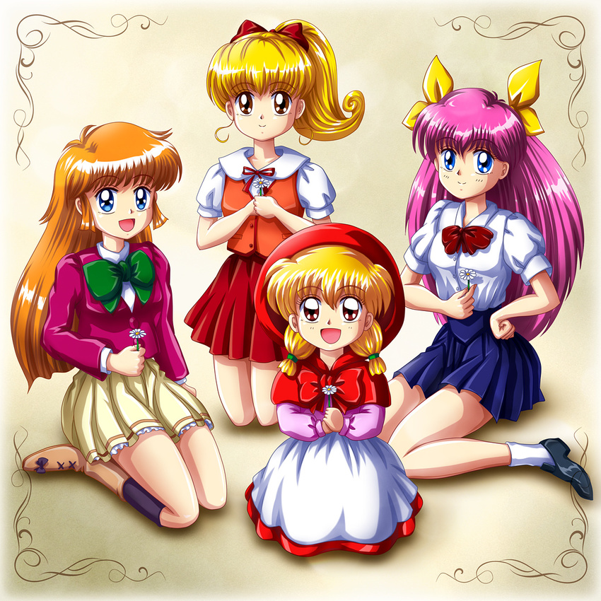 akazukin_chacha blonde_hair blue_eyes bow brown_eyes chacha_(akazukin_chacha) crossover flower hanasaki_momoko haneoka_meimi highres hood kaitou_saint_tail long_hair mimimix moriya_ririka multiple_crossover multiple_girls nurse_angel_ririka_sos orange_hair pink_hair ponytail school_uniform wedding_peach yellow_bow