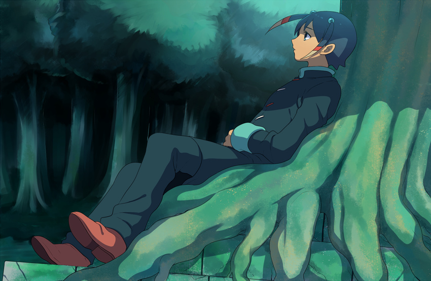 bad_id bad_pixiv_id forest inazuma_eleven_(series) inazuma_eleven_go kudou_akira male_focus nature shuu_(inazuma_eleven) sitting solo tree