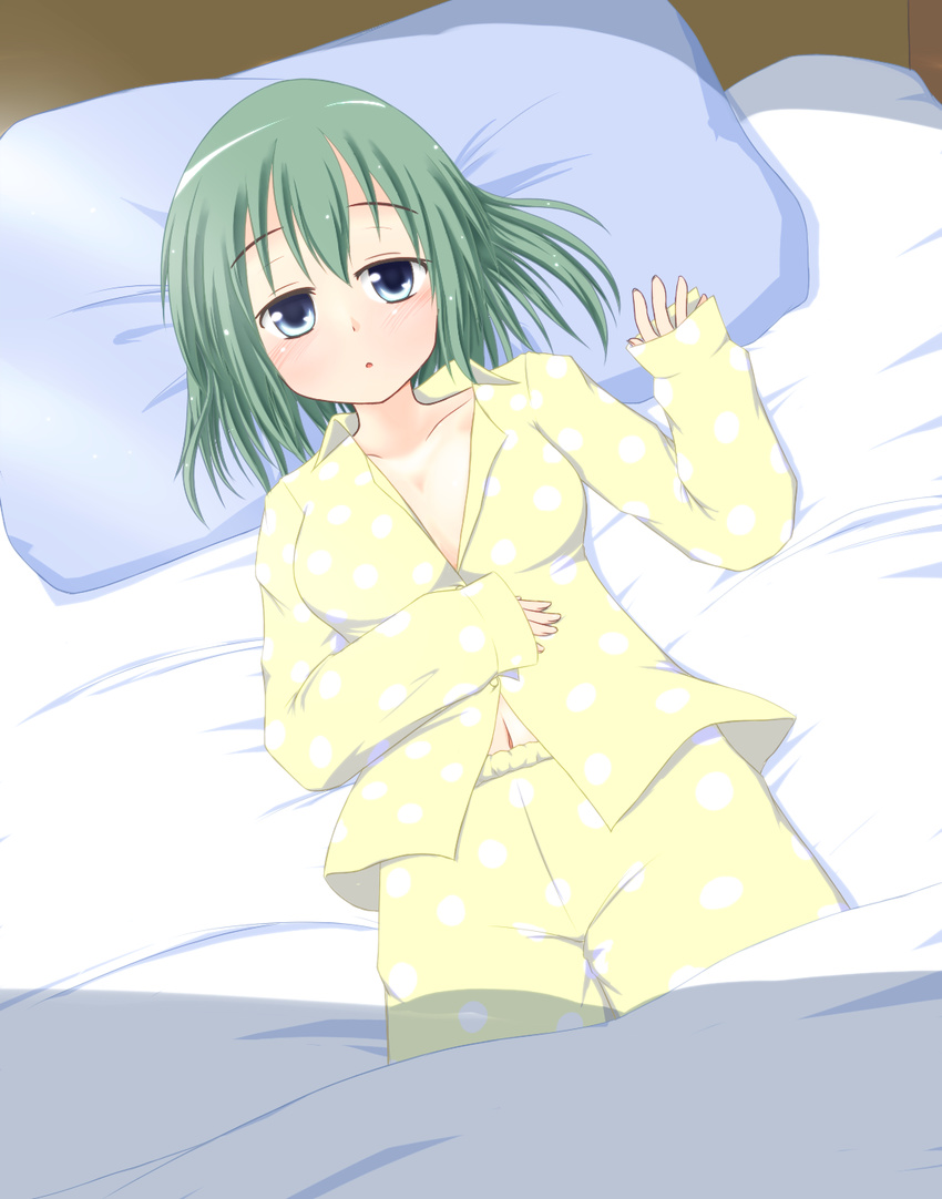 alternate_hairstyle bed blue_eyes breasts daiyousei edamame_(barium) green_hair highres lying medium_breasts navel no_wings on_back pajamas pillow solo touhou