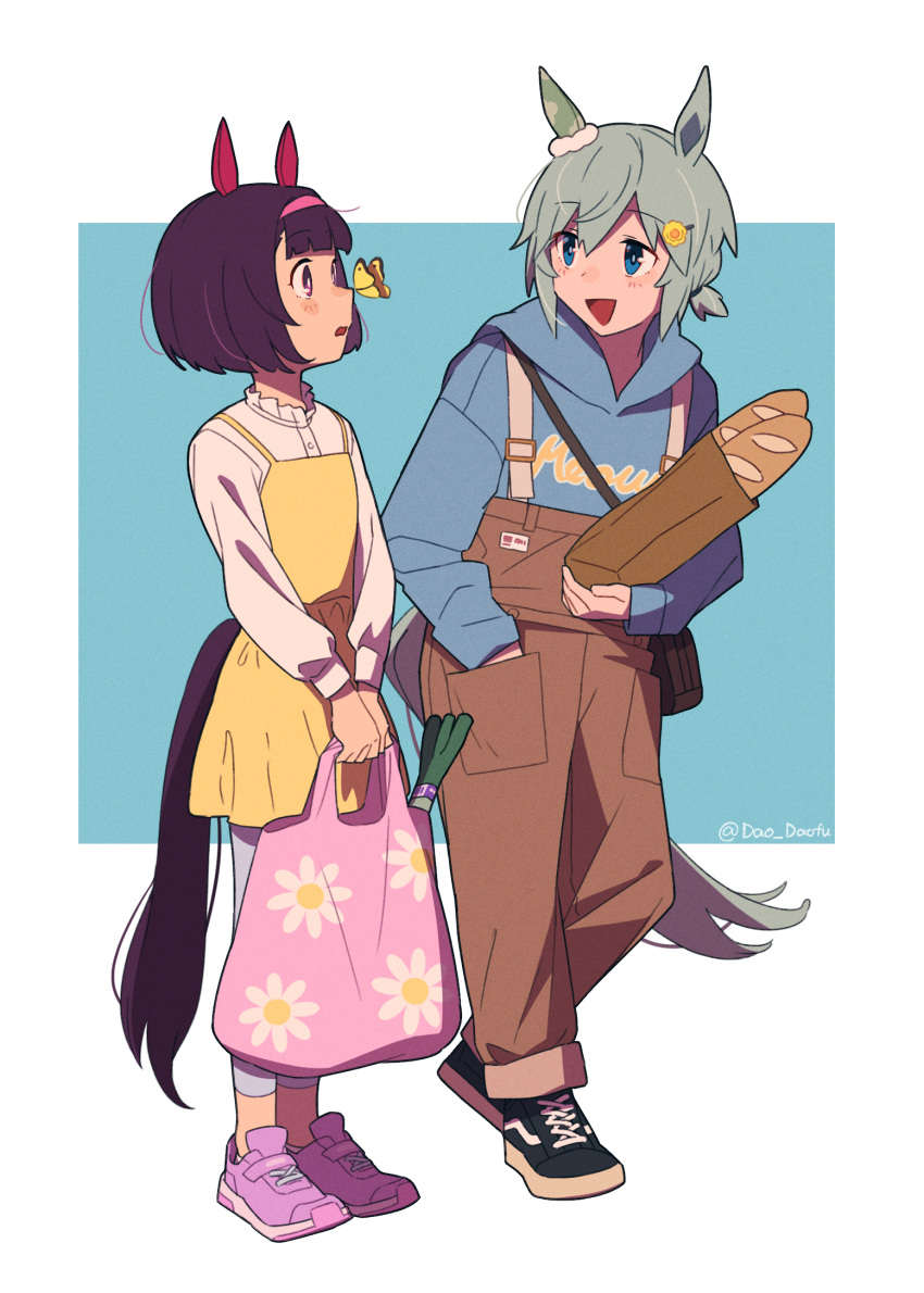 2girls alternate_costume animal_ears bag baguette belt_buckle black_shoes blue_background blue_hoodie blush bob_cut bread brown_overalls buckle bug butterfly butterfly_on_nose casual center-flap_bangs clothes_writing commentary dress ear_covers ear_scrunchie floral_print flower_hairpin food frilled_shirt_collar frills full_body green_hair grey_pants hair_between_eyes hairband hand_in_pocket heel_up highres holding_bread hood hood_down hoodie horse_ears horse_girl horse_tail invisible_floor long_sleeves looking_ahead looking_at_animal looking_at_another looking_to_the_side multiple_girls nishino_flower_(umamusume) one_side_up open_mouth overalls pants paper_bag peanut_mouth pink_hairband pink_shoes pocket print_bag print_hoodie purple_eyes purple_hair seiun_sky_(umamusume) shirt_under_dress shoes shopping_bag short_dress short_hair single_ear_cover sneakers spaghetti_strap spring_onion standing symbol-only_commentary tail teddy_(takarada) triangle_mouth twitter_username two-tone_background umamusume v_arms white_background yellow_dress
