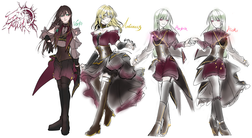 4girls absurdres bang_dream! bang_dream!_it's_mygo!!!!! black_gloves black_hair black_thighhighs blonde_hair brown_corset chinese_commentary commentary_request corset dress garter_straps gloves green_eyes green_hair hero45439083942 highres holding_hands long_hair long_sleeves medium_hair multiple_girls original red_dress red_eyes red_shorts shorts siblings sisters thighhighs togawa_hazuki twins wakaba_ameha wakaba_wakaho yahata_riko yellow_eyes