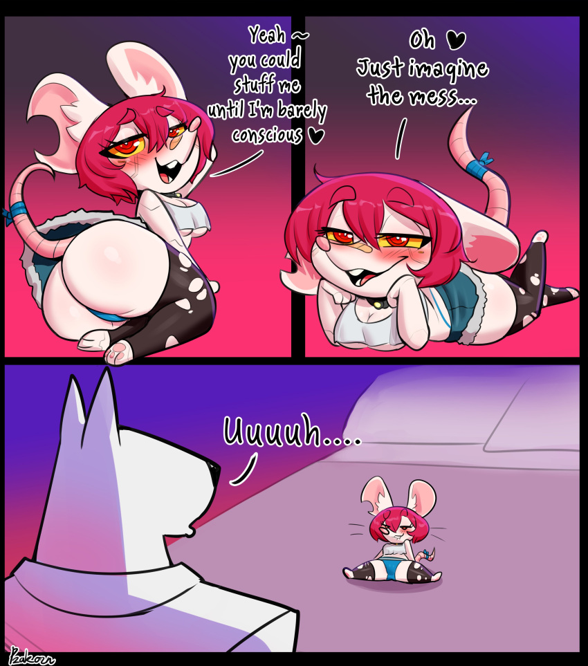 absurd_res animal_ears anthro bedroom_eyes big_butt biped black_clothing blue_clothing blush bottomwear breasts butt canid canine clothing eyelashes female hair hi_res larger_male legwear lying male mammal mouse murid murine narrowed_eyes on_front psakorn_tnoi pupils red_hair rodent seductive size_difference skirt smaller_female smile spread_legs spreading thick_thighs thigh_highs thong underwear white_body