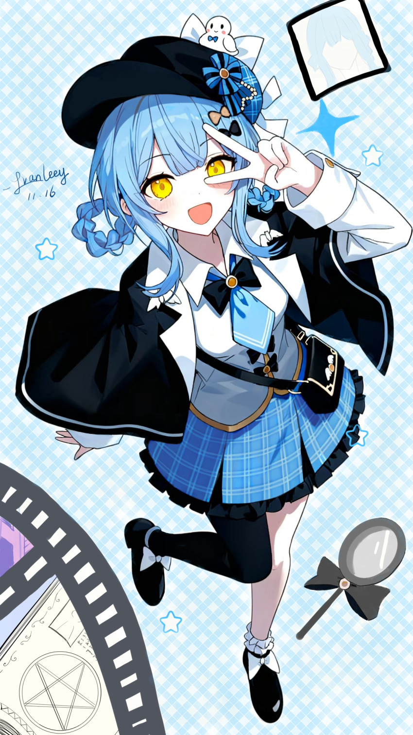 1girl :d blue_bow blue_hair blue_necktie blue_skirt blush bow braid braided_hair_rings collared_shirt commentary_request full_body hair_ornament hair_rings hat highres jacket long_sleeves looking_at_viewer magnifying_glass mahou_shoujo_no_majo_saiban necktie open_mouth plaid_clothes plaid_skirt shirt single_thighhigh skirt smile solo tachibana_sherry thighhighs v vest virtual_youtuber white_shirt yellow_eyes zhipian_eli
