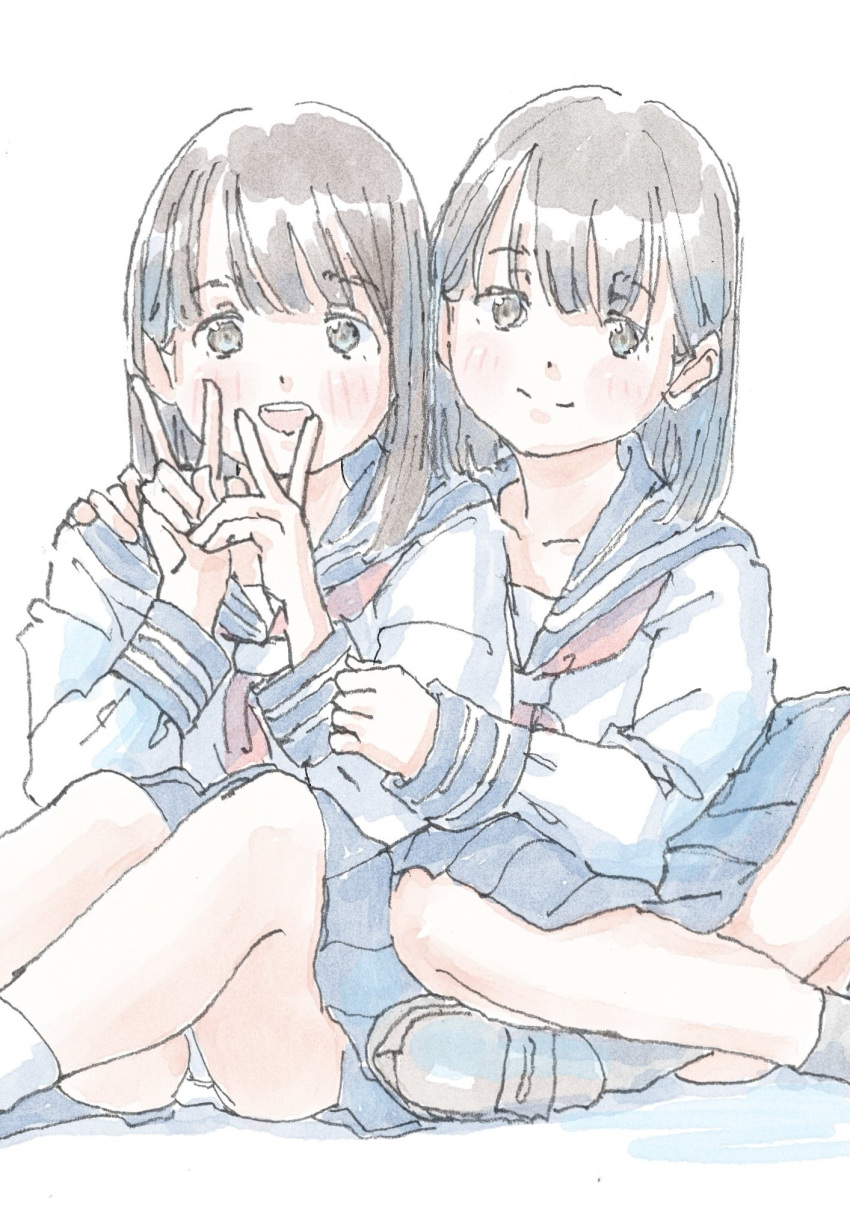 2girls ankle_socks blue_sailor_collar blue_skirt blunt_bangs blush brown_eyes brown_hair closed_mouth collarbone dot_nose double_v feet_out_of_frame grey_shoes grey_socks head_tilt highres indian_style multiple_girls open_mouth original panties pantyshot parted_bangs pleated_skirt poranka_(porankaran) sailor_collar school_uniform serafuku shirt shoes short_hair simple_background sitting skirt smile socks underwear v white_background white_panties white_shirt white_socks