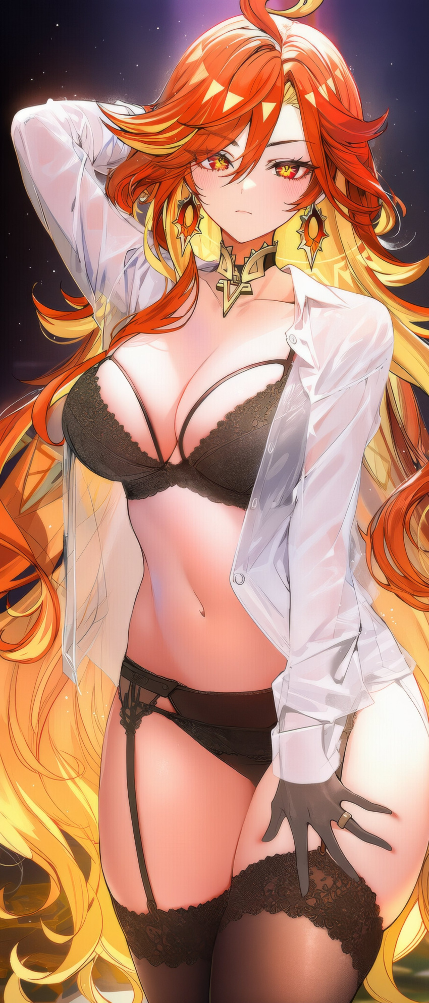 1girl absurdres ai-generated black_bra black_thighhighs bra garter_belt garter_straps genshin_impact highres lingerie long_hair mavuika_(genshin_impact) thighhighs timmytommy underwear