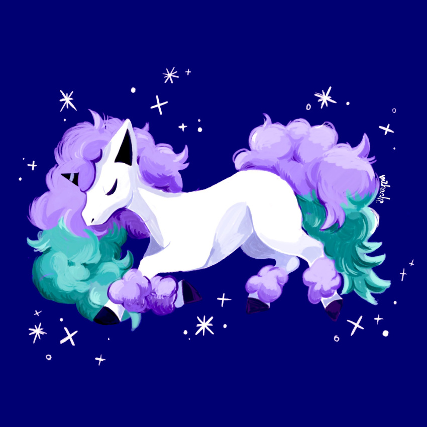 aqua_hair blue_background closed_eyes english_commentary galarian_ponyta highres horns lying mi_ho_chi multicolored_hair no_humans pokemon pokemon_(creature) pokemon_focus purple_hair single_horn sleeping solo star_(symbol) two-tone_hair unicorn