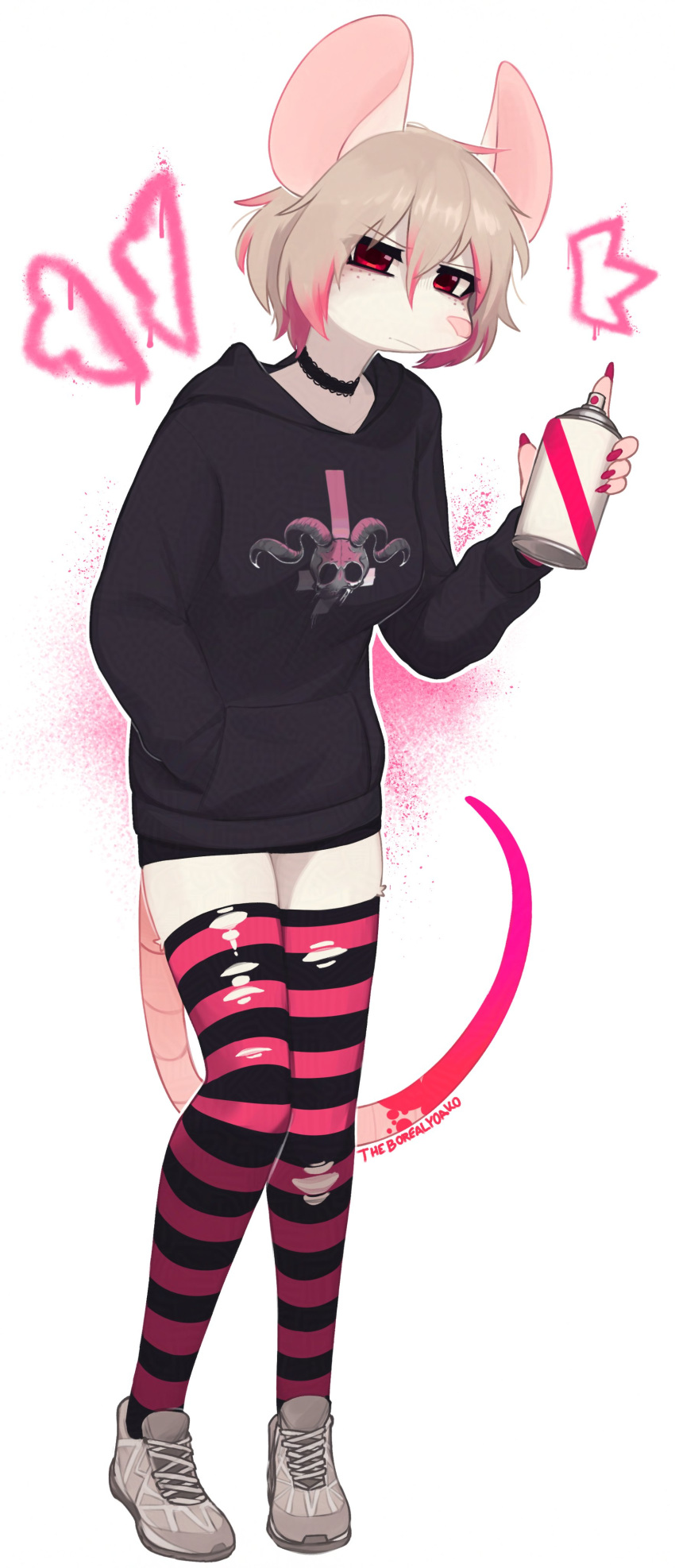 absolute_territory absurd_res alternative_fashion anthro big_ears black_clothing black_hoodie black_topwear blonde_hair choker clothed clothed_female clothing emo female footwear freckled_face freckles fully_clothed fully_clothed_female hair hi_res highlights_(coloring) hoodie jewelry legwear mammal mouse murid murine necklace paint pattern_clothing pattern_legwear pattern_stockings rodent shoes sneakers solo spray_paint spray_paint_can stockings striped_clothing striped_legwear striped_stockings stripes topwear torn_clothing torn_legwear torn_stockings yoako