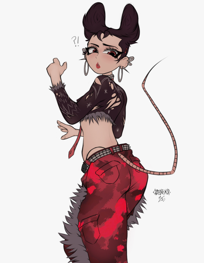 absurd_res accessory belly_blush blush blush_lines body_blush bottomwear camille_(fortnite) cargo_pants chain_jewelry choker clothing codenexusdrws crop_top ear_piercing epic_games eyelashes eyeliner eyeshadow female fortnite g-string hair_accessory hi_res human humanoid jewelry looking_at_viewer looking_back makeup mammal midriff murid murine necklace necktie nipple_outline oversized_bottomwear oversized_clothing oversized_pants pants piercing portrait raised_tail rat rodent shirt simple_background solo tail three-quarter_portrait topwear torn_clothing torn_shirt torn_topwear torso_shot underwear