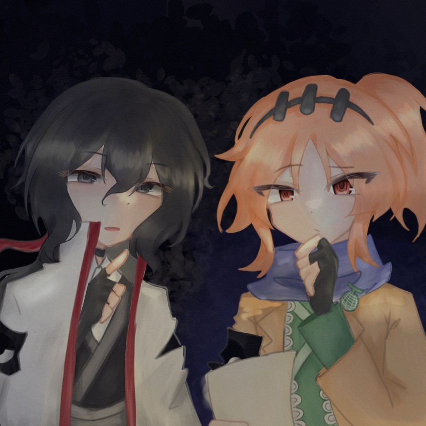 2others adapted_costume androgynous armband black_armband black_background black_choker black_eyes black_gloves black_hair black_kimono chinese_commentary choker closed_mouth coat coat_on_shoulders collared_coat collared_jacket collared_shirt commentary_request compass_(xinjinjumin6687443) dot_nose dress expressionless eye_of_senri eye_print eyes_visible_through_hair fingerless_gloves frown gloves green_kimono hair_between_eyes hand_on_own_chin high_collar holding holding_scroll jacket japanese_clothes kimono lace-trimmed_jacket lapels layered_dress len'en light_blue_yoshi long_hair_between_eyes long_sleeves looking_at_viewer medium_hair multiple_others notched_lapels open_clothes open_coat open_jacket open_mouth orange_eyes orange_hair other_focus print_armband scroll senri_tsurubami shirt shirt_under_kimono short_side_ponytail simple_background thinking torn_clothes torn_sleeves tsurime upper_body wavy_hair white_coat white_shirt zuifeng_tenkai