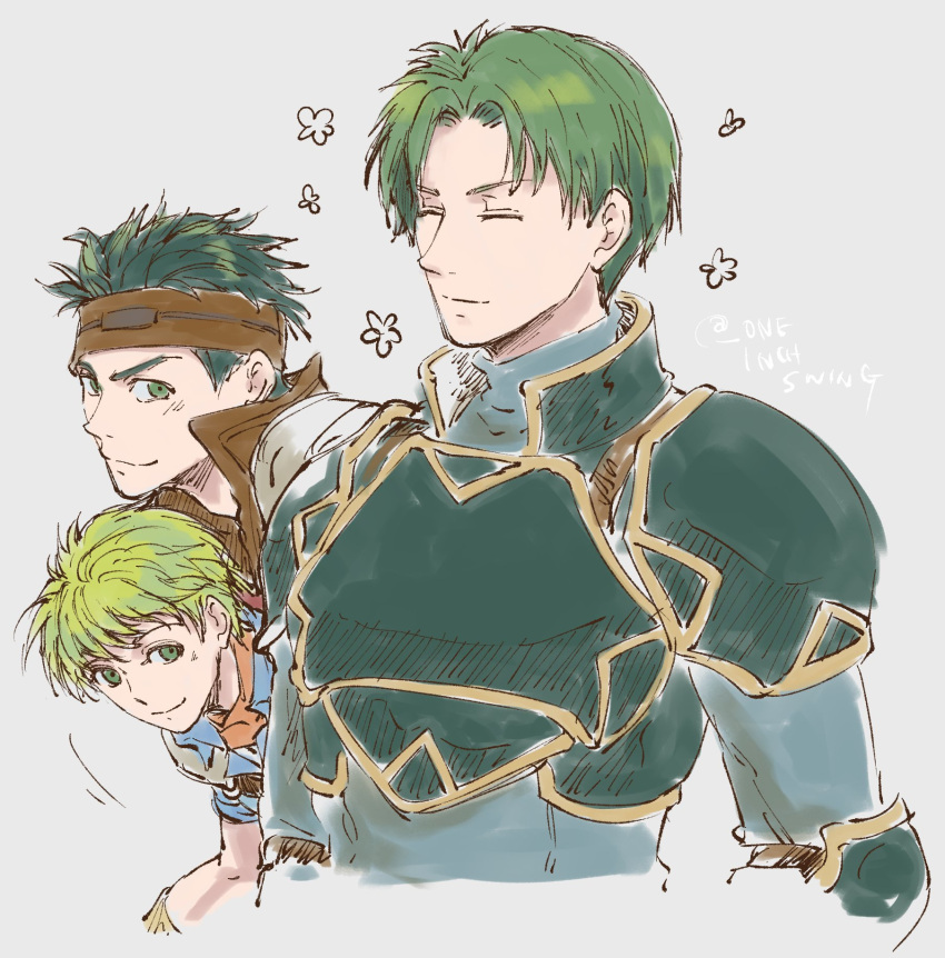 3boys armor boyd_(fire_emblem) brothers closed_eyes closed_mouth commentary_request cropped_torso fire_emblem fire_emblem:_path_of_radiance green_armor green_eyes green_hair highres male_focus multiple_boys oscar_(fire_emblem) rolf_(fire_emblem) short_hair siblings simple_background umi_(oneinchswing)