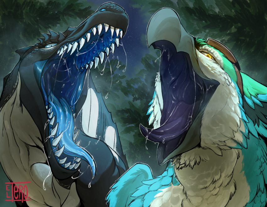 avian beak black_insides blue_eyes blue_insides bodily_fluids coulias dinosaur drooling duo el-tero eyewear eyewear_on_head feathers feral goggles goggles_on_head gryphon hi_res male male/male mouth_shot mythological_avian mythological_creature mythology night open_beak open_mouth prehistoric_species reptile saliva saliva_on_tongue saliva_string saurischian scalie sharp_teeth sorrel_(sorrelbirdy) spinosaurid spinosaurus teeth teeth_showing theropod throat tongue vore vore_implied yellow_eyes