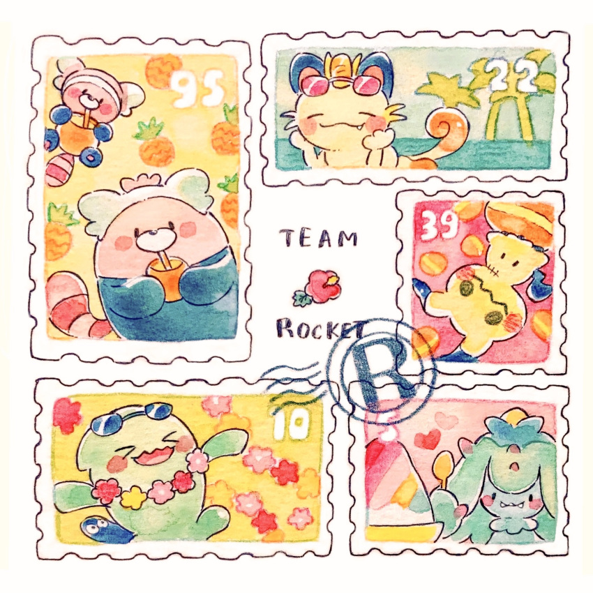>_< bewear closed_eyes colored_pencil_(medium) commentary_request drinking eyewear_on_head fang flower flower_necklace food fruit highres holding holding_spoon lei macaron mareanie meowth mimikyu no_humans painting_(medium) pineapple pokemon pokemon_(anime) pokemon_(creature) postage_stamp shaved_ice solid_oval_eyes spoon stufful sunglasses team_rocket traditional_media watercolor_(medium) wobbuffet yukichi_0611