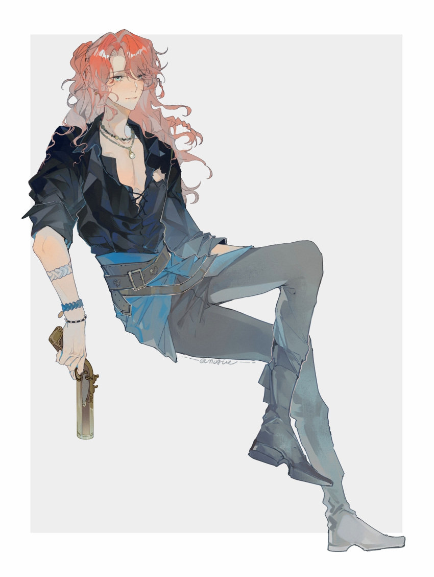 1boy absurdres bead_necklace beads belt belt_buckle black_belt black_shirt blue_eyes boots border bracelet braid buckle chinese_commentary collarbone commentary_request cowboy_shot cross-laced_clothes cross-laced_top curtained_hair earrings finger_on_trigger frederick_kreiburg frederick_kreiburg_(clear_rationality) full_body grey_background grey_boots grey_pants gun hair_between_eyes half_updo handgun highres holding holding_gun holding_weapon identity_v invisible_chair jewelry long_hair looking_at_viewer mojieovo multiple_bracelets necklace open_collar orange_hair outside_border pants parted_lips pearl_necklace pectoral_cleavage pectorals raised_inner_eyebrows shirt side_braids simple_background sitting sleeves_rolled_up smile solo waist_cape wavy_hair weapon white_border wing_collar