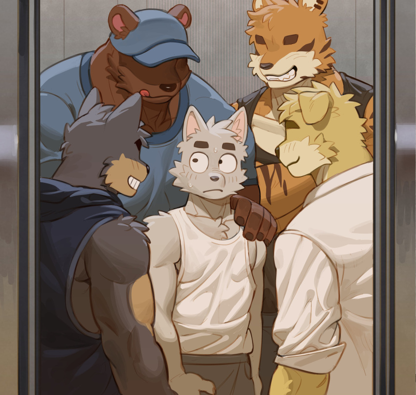 2025 absurd_res anthro art_uza athletic athletic_anthro athletic_male barazoku bear big_muscles biped black_eyes bodily_fluids brown_body brown_fur canid canine canis domestic_dog elevator eyeless felid fur group hi_res male mammal muscular muscular_anthro muscular_male orange_body orange_fur pantherine sweat sweatdrop tiger white_body white_fur wolf yellow_body yellow_fur