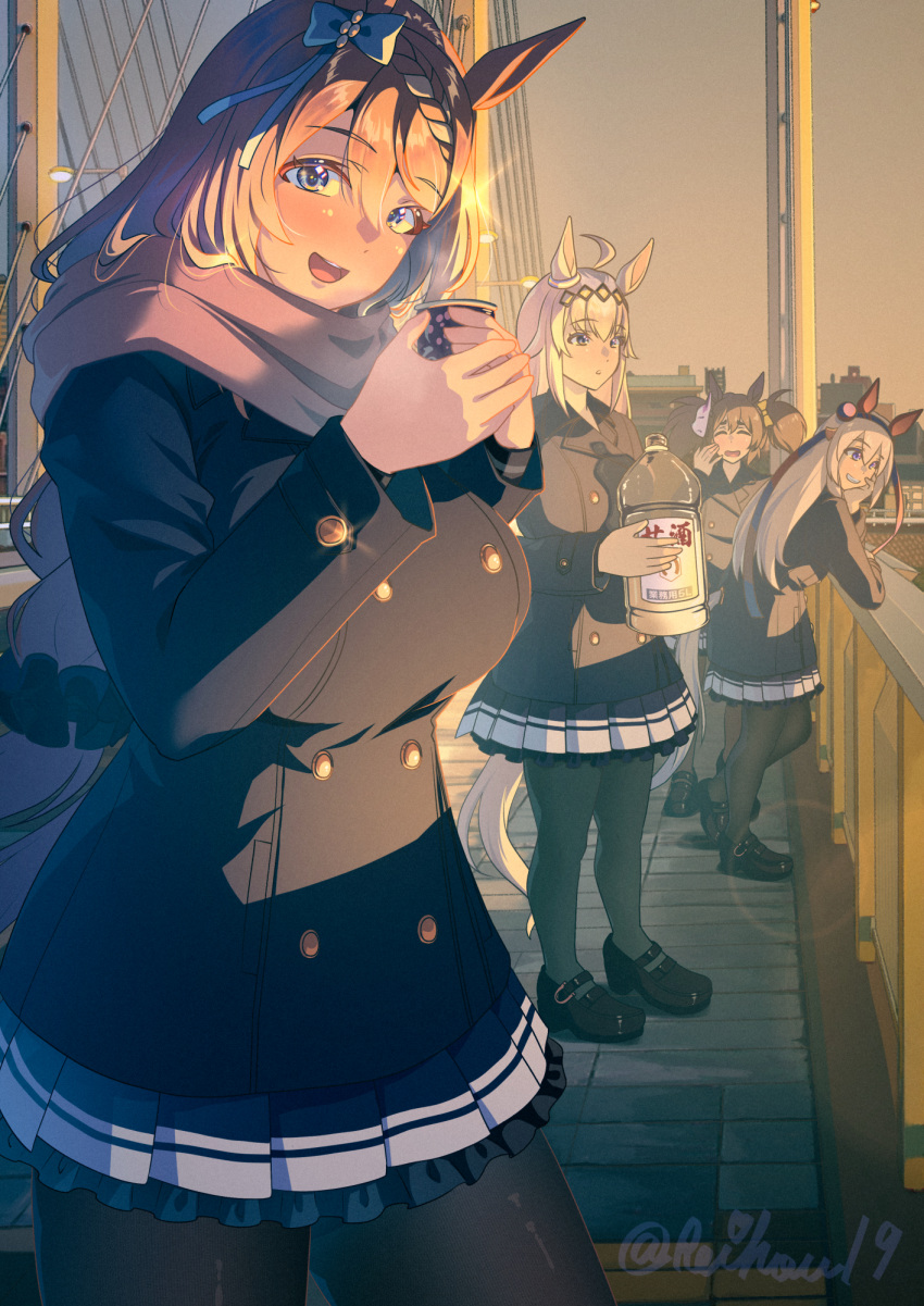4girls :d ^_^ ahoge animal_ears black_coat black_pantyhose black_shoes blue_bow blue_coat blue_eyes blue_hairband blush bottle bow braid breasts bridge bright_pupils brown_hair buttons closed_eyes coat commentary_request cup double-breasted ear_bow ear_covers ear_ornament fox_mask grey_hair grey_tail grin hair_between_eyes hair_bow hair_ornament hairband hand_on_own_cheek hand_on_own_face headband highres holding holding_bottle holding_cup horse_ears horse_girl horse_tail inari_one_(umamusume) lamppost large_breasts long_hair long_sleeves looking_at_viewer mask mask_on_head multicolored_hair multicolored_hairband multiple_girls oguri_cap_(umamusume) open_mouth outdoors pantyhose pink_scarf pleated_skirt purple_serafuku purple_skirt red_headband reihou19 scarf school_uniform serafuku shoes skirt smile standing streaked_hair striped_clothes striped_hairband super_creek_(umamusume) tail tamamo_cross_(umamusume) tracen_school_uniform tracen_winter_coat twintails twitter_username two-tone_hairband umamusume white_hair winter_clothes winter_coat winter_uniform yellow_bow