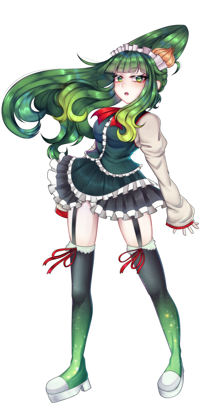 1girl absurdres acme_iku acme_iku_(neo) black_boots blunt_bangs boots breasts floating_hair frilled_skirt frills full_body gradient_boots green_boots green_eyes green_hair green_shirt green_skirt highres kurotrash long_hair long_sleeves looking_at_viewer maid maid_headdress maidloid medium_breasts non-web_source official_art onion ponytail red_ribbon ribbon shirt skirt solo standing tachi-e thigh_boots transparent_background utau very_long_hair