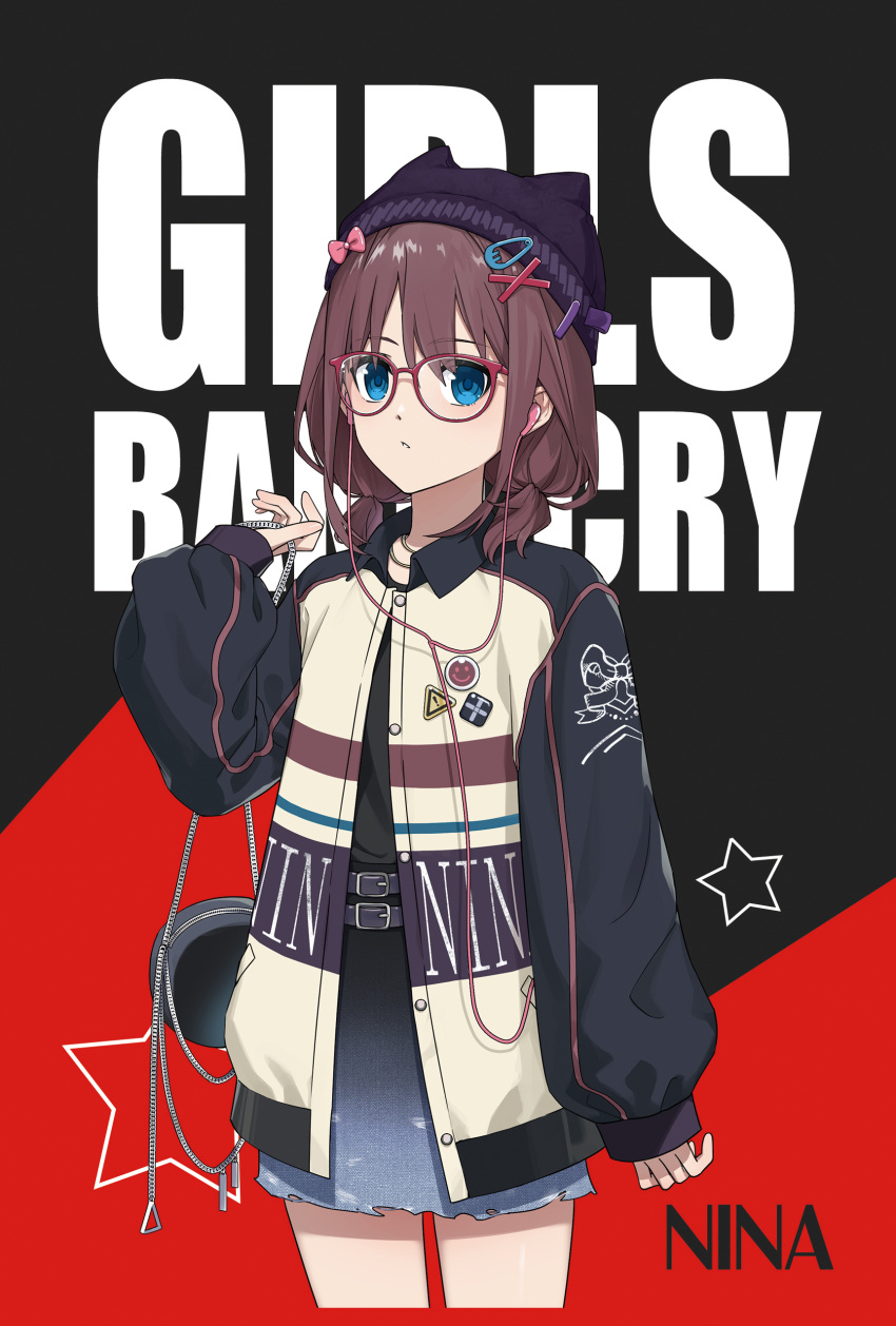 1girl absurdres alternate_costume animal_hat badge beanie black_shirt blue_eyes brown_hair button_badge cat_hat chinese_commentary closed_mouth commentary_request cowboy_shot cropped_legs earphones girls_band_cry glasses hair_ornament hairclip hand_up hat headphones highres iseri_nina jacket long_sleeves necktie nuoweisenlin_tongren_gongzuoshi pleated_skirt red-framed_eyewear shirt skirt sleeves_past_wrists solo star_(symbol) two-tone_background