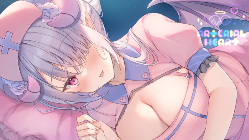 1girl aotsu_karin blush breasts cleavage cleavage_cutout closed_mouth clothing_cutout demon_girl demon_horns demon_wings dress flower frilled_pillow frills grey_hair grey_wings hair_flower hair_ornament hair_over_one_eye hat heart_cutout horns indie_virtual_youtuber large_breasts looking_at_viewer lying nurse nurse_cap on_side pillow pink_dress pink_hat pointy_ears red_eyes rose solo tongue tongue_out touama_yue upper_body virtual_youtuber white_flower white_rose wings