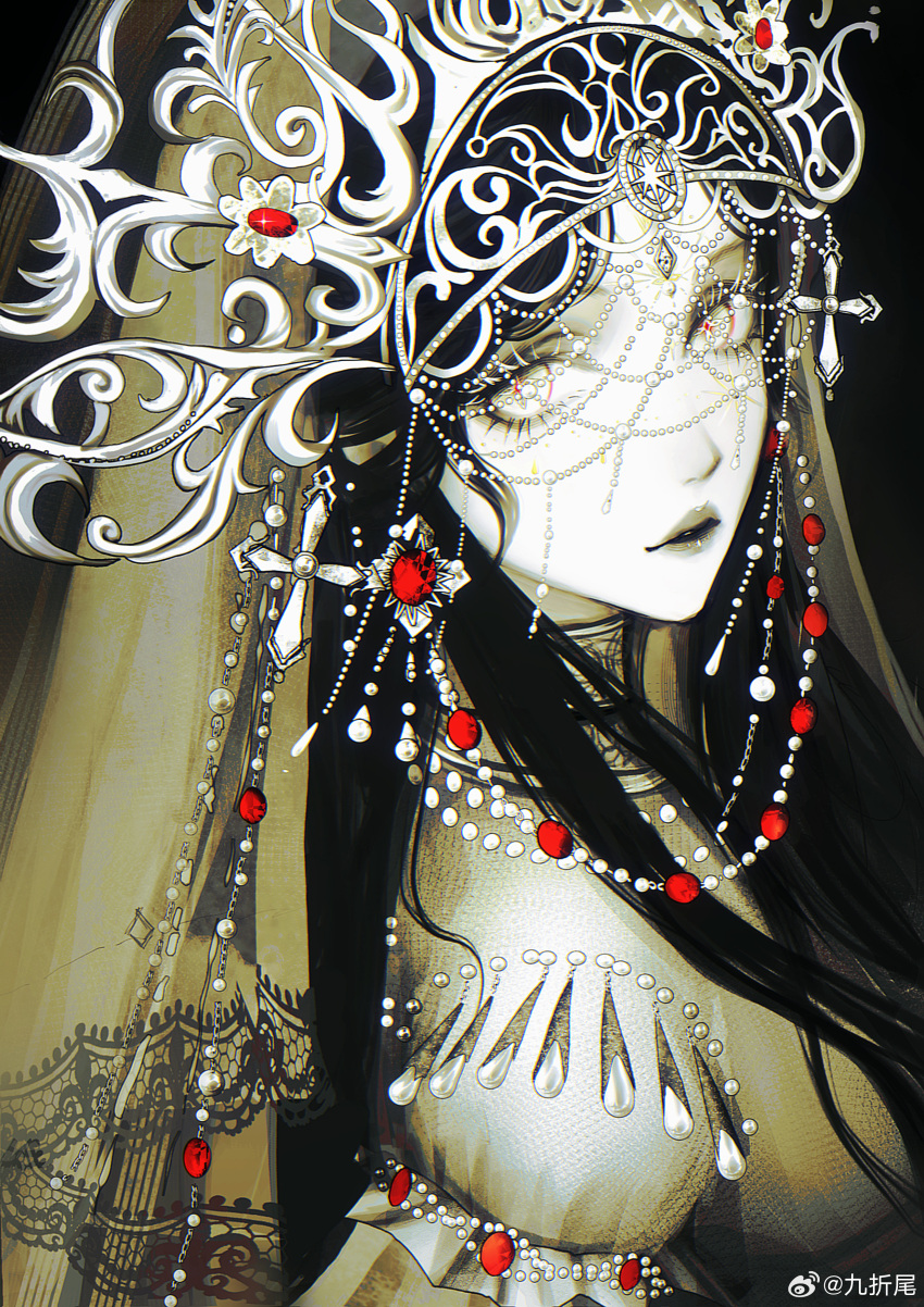 1girl absurdres behind_prayers_(infinity_nikki) black_background black_hair black_lips chinese_commentary commentary cross-shaped_pupils facial_mark forehead forehead_jewel forehead_mark from_side grey_eyes headwear_request highres infinity_nikki juliet_sleeves lace-trimmed_veil lace_trim long_hair long_sleeves looking_at_viewer looking_to_the_side nikki_(nikki) nikki_(series) pale_skin parted_bangs puffy_sleeves sideways_glance simple_background solo symbol-shaped_pupils upper_body veil watermark weibo_username weibo_watermark yu_zhezhe