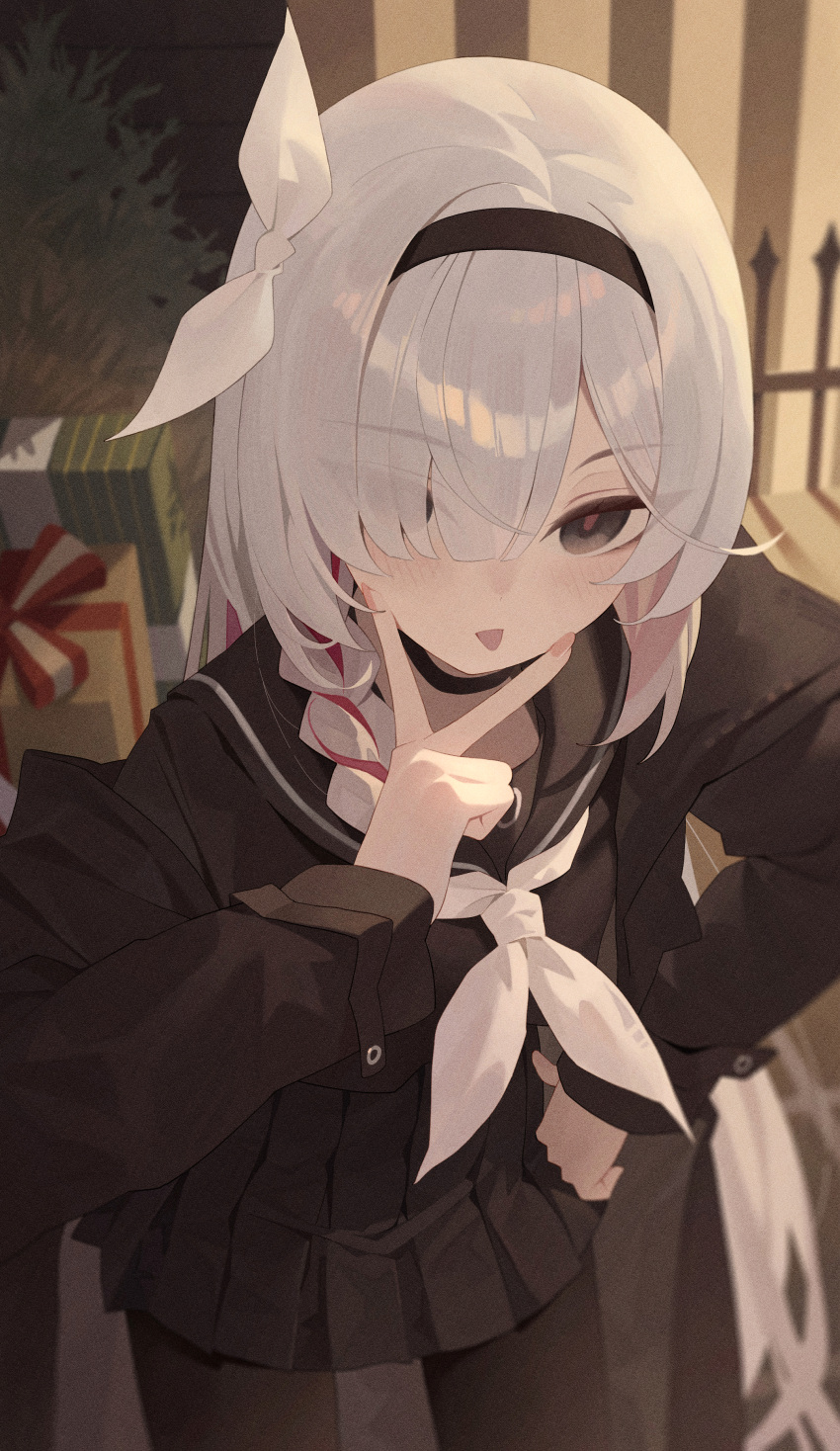 1girl absurdres black_eyes black_pantyhose blue_archive box braid chinese_commentary commentary_request fence gift gift_box hair_ribbon hand_on_own_hip highres indoors long_hair looking_at_viewer necktie pantyhose plana_(blue_archive) ribbon school_uniform solo songyang_syouyou tongue tongue_out tree v white_hair