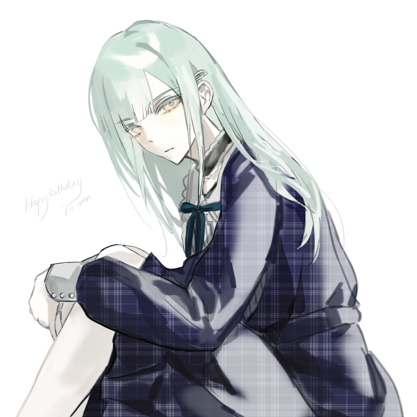 1girl bang_dream! bang_dream!_it's_mygo!!!!! black_choker blue_dress choker commentary dress feiyu30903448 frilled_choker frills green_hair hair_ornament hairclip happy_birthday highres long_hair male_focus plaid_clothes plaid_dress solo symbol-only_commentary unmoving_pattern wakaba_mutsumi white_background yellow_eyes