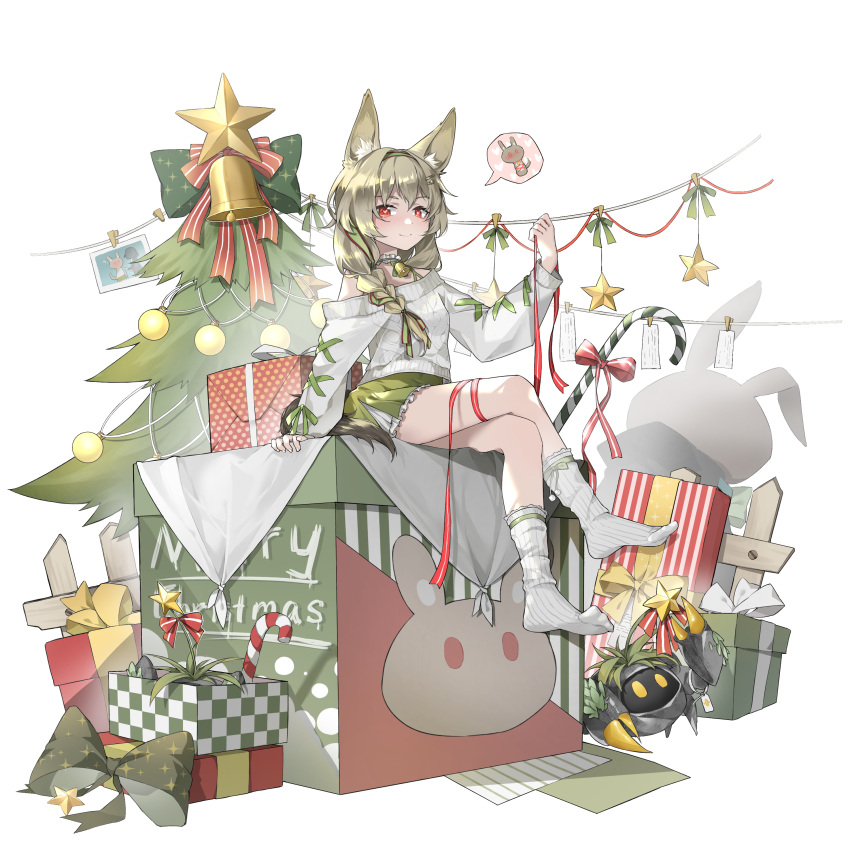 1girl absurdres animal_ear_fluff animal_ears animal_print arknights arm_support beanstalk_(arknights) beanstalk_(gift_uncompleted)_(arknights) bell blonde_hair bow bow_legwear braid braided_ponytail candy candy_cane chinese_commentary christmas christmas_ornaments christmas_present christmas_tree clothes_pin collar commentary_request creature crossed_legs doctor_(arknights) dot_nose dress eyes_visible_through_hair fence fingernails food foot_dangle fox_ears fox_girl fox_tail frilled_collar frilled_skirt frills from_side full_body gift green_bow green_dress green_hairband green_ribbon hair_between_eyes hair_ornament hair_over_shoulder hair_ribbon hairband hairclip hand_up heart heart-shaped_pupils highres holding holding_ribbon kneehighs layered_skirt light_blush lingyu_ovo long_hair looking_at_viewer merry_christmas neck_bell no_shoes off-shoulder_sweater off_shoulder paper parallel_hairclips peacake_(arknights) photo_(object) picket_fence plant pom_pom_(clothes) ponytail potted_plant print_bow rabbit_print red_bow red_eyes red_ribbon red_rope ribbed_socks ribbon ribbon_braid rope short_dress side_slit simple_background single_braid single_off_shoulder sitting skirt sleeveless sleeveless_dress smile socks speech_bubble spoken_character spoken_heart star_(symbol) star_ornament star_print string string_of_fate sweater symbol-shaped_pupils tail white_background white_bow white_rope white_skirt white_socks wooden_fence wrapping_paper yellow_bow