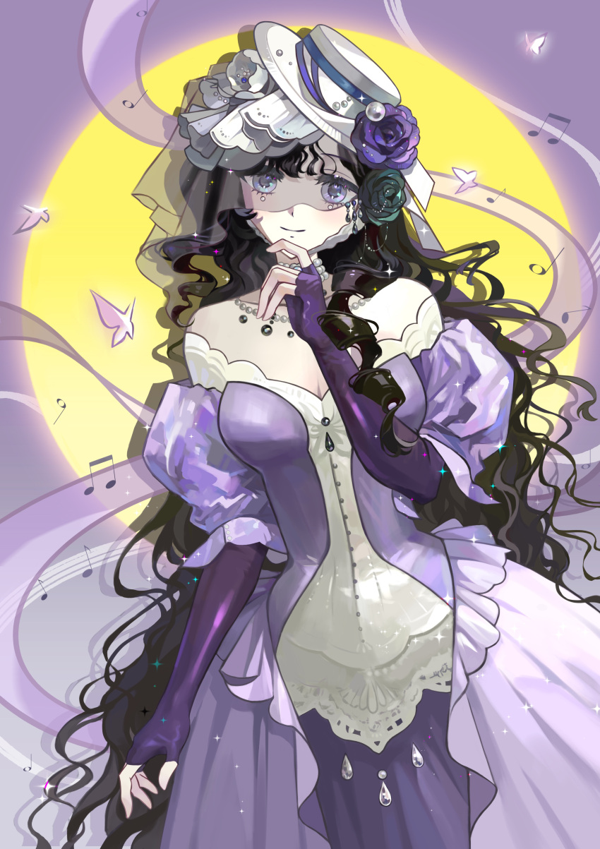 1girl absurdres bare_shoulders beamed_eighth_notes black_flower black_hair black_rose breasts bug butterfly circle cleavage closed_mouth dress eighth_note flower gown hair_flower hair_ornament half_note hand_on_own_chin hand_up hat highres isolde_(reverse:1999) jewel_under_eye juliet_sleeves large_breasts long_hair long_sleeves looking_at_viewer musical_note off-shoulder_dress off_shoulder puffy_sleeves purple_background purple_butterfly purple_dress purple_eyes purple_flower purple_rose qingmang_yelan reverse:1999 rose see-through_clothes see-through_veil smile solo upper_body veil wavy_hair white_hat