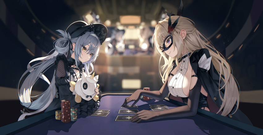 2girls :o aqua_hair armband black_armband black_bonnet black_dress black_gloves black_leotard black_nails black_ribbon blonde_hair blurry blurry_background bonnet breasts button_eyes buttons card choker_over_clothes dress elbow_gloves eye_mask feather_hair_ornament feathers frilled_dress frills game_cg gloves hair_between_eyes hair_extensions hair_ornament hair_rings hairband highres holding holding_stuffed_toy indoors karasuba_sapphire large_breasts leotard long_hair low-tied_hair_ring mask multiple_girls non-web_source nono_(poker_fate) playing_card poker_chip poker_fate poker_table purple_eyes quad_hair_rings ribbon ring_hair_extensions ring_hair_ornament sideboob stuffed_animal stuffed_toy stuffed_unicorn table white_hairband yellow_eyes