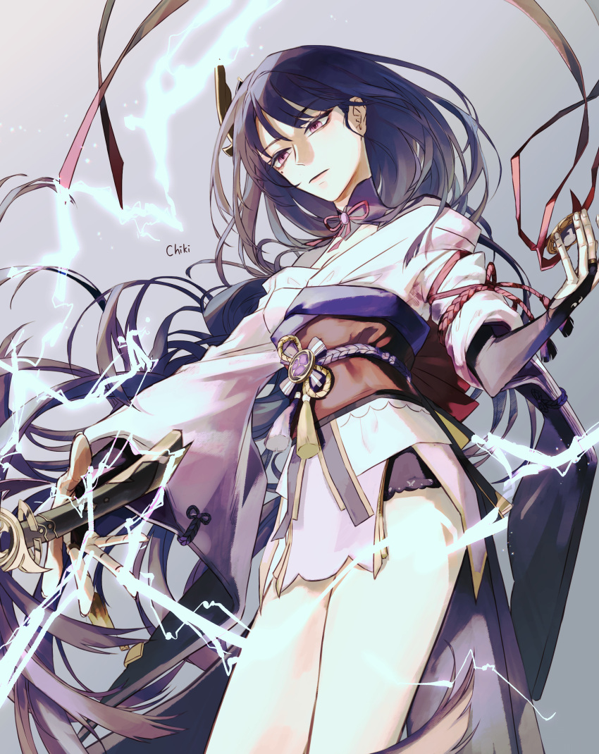 1girl absurdres artist_name blunt_bangs braid breasts bridal_gauntlets chikidoong cleavage closed_mouth electricity genshin_impact hair_ornament highres holding holding_sword holding_weapon japanese_clothes katana kimono korean_commentary lingerie long_braid long_hair looking_down mole mole_under_eye musou_isshin_(genshin_impact) neck_ribbon purple_eyes purple_kimono raiden_shogun red_ribbon red_sash ribbon sash single_braid solo sword thighs underwear weapon