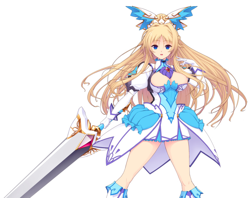 1girl blonde_hair blue_eyes boots breasts cleavage cleavage_cutout clothing_cutout dress erika_la_etienne game_cg gloves hair_ornament holding holding_weapon kourin_tenshi_en_ciel_rena large_breasts large_variant_set long_hair looking_at_viewer magical_girl non-web_source official_art open_mouth puffy_sleeves saitou_natsuki skirt solo suhamaya sword transparent_background variant_set weapon white_gloves