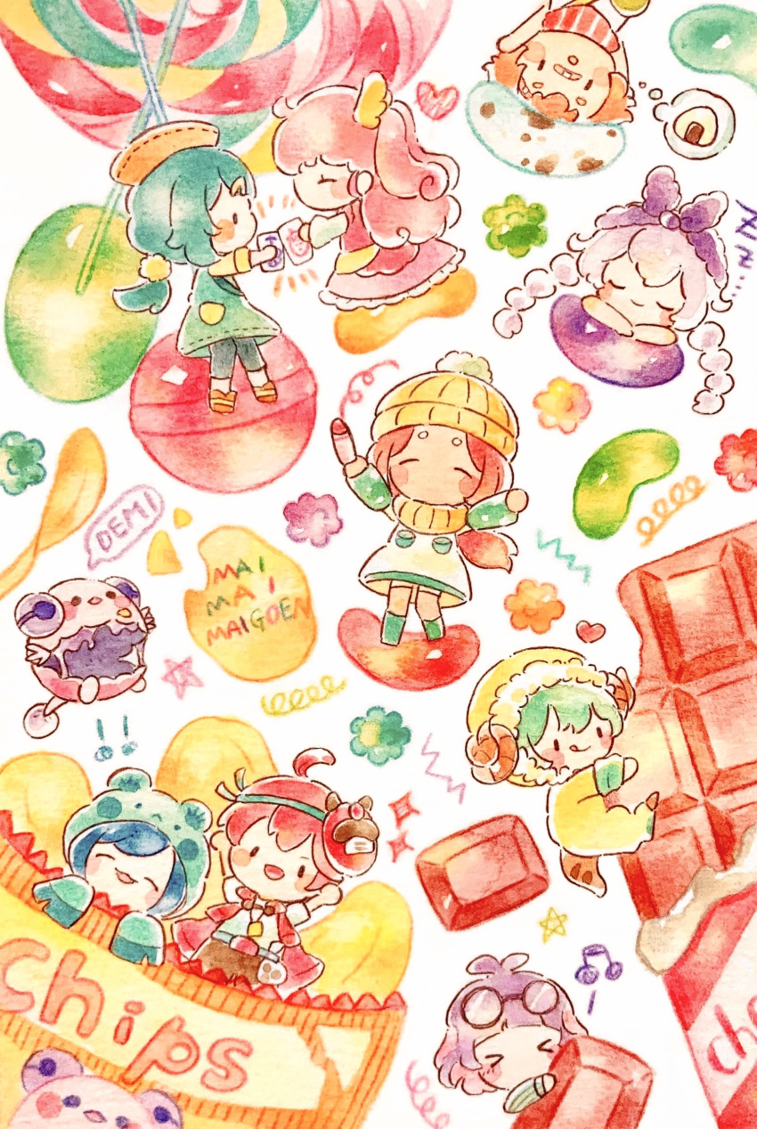 >_< 4boys 5girls absurdres ahoge aki_(maimaimaigoen) bandaid bandaid_on_face bandaid_on_nose beanie blue_hair braid candy chibi chibi_only chips_(food) chocolate chocolate_bar colored_pencil_(medium) commentary_request copyright_name daigorou_(maimaimaigoen) daiya_(maimaimaigoen) eyewear_on_head food glasses happy hat highres hikaru_(maimaimaigoen) horns jelly_bean madoka_(maimaimaigoen) maimaimaigoen maria_(maimaimaigoen) mask mask_on_head multiple_boys multiple_girls onigiri painting_(medium) pink_hair ponytail purple_hair red_hair round_eyewear shinta_(maimaimaigoen) sleeping smile traditional_media twin_braids wataru_(maimaimaigoen) watercolor_(medium) yukichi_0611 zoya_(maimaimaigoen) zzz