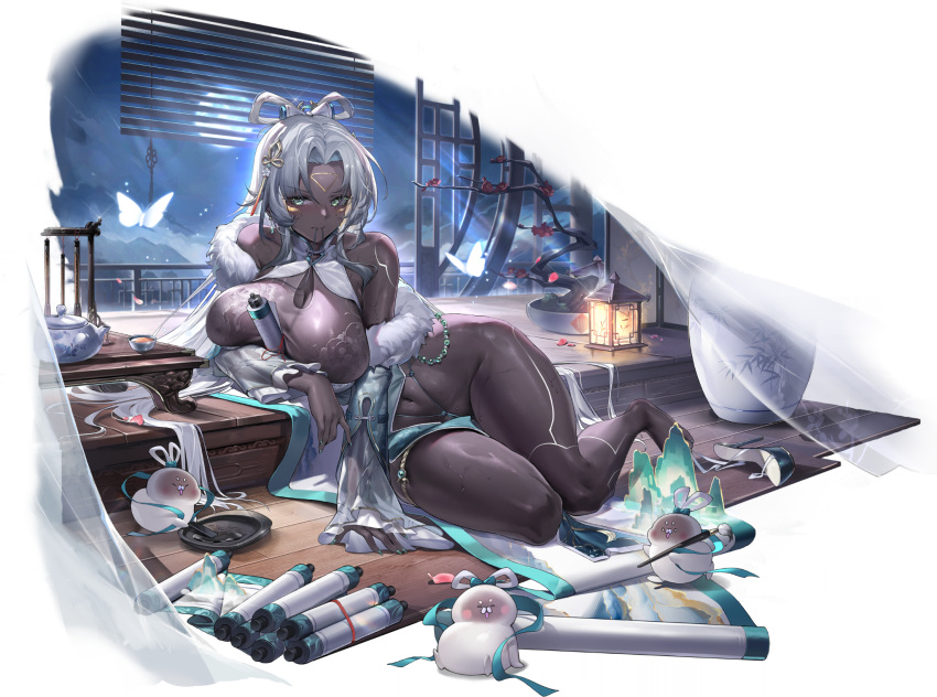 1girl anubis_(daiblos_core) breasts bug butterfly china_dress chinese_clothes daiblos_core dark-skinned_female dark_skin dress green_eyes hair_ornament high_heels highres large_breasts long_hair looking_at_viewer multiple_others official_alternate_costume official_art scroll thong white_hair