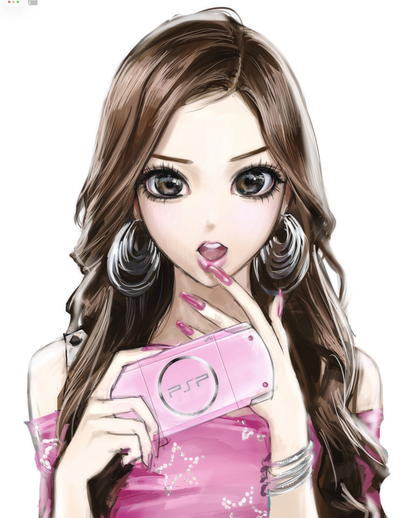 1girl absurdres bingi blush bracelet brown_eyes brown_hair commentary earrings english_commentary eyelashes finger_to_mouth fingernails forehead gem handheld_game_console highres holding holding_handheld_game_console hoop_earrings jewelry long_eyelashes long_fingernails long_hair looking_at_viewer off-shoulder_shirt off_shoulder open_mouth original pink_lips pink_nails pink_shirt playstation_portable shirt silver_bracelet silver_earrings solo upper_body very_long_fingernails wavy_hair white_background white_gem