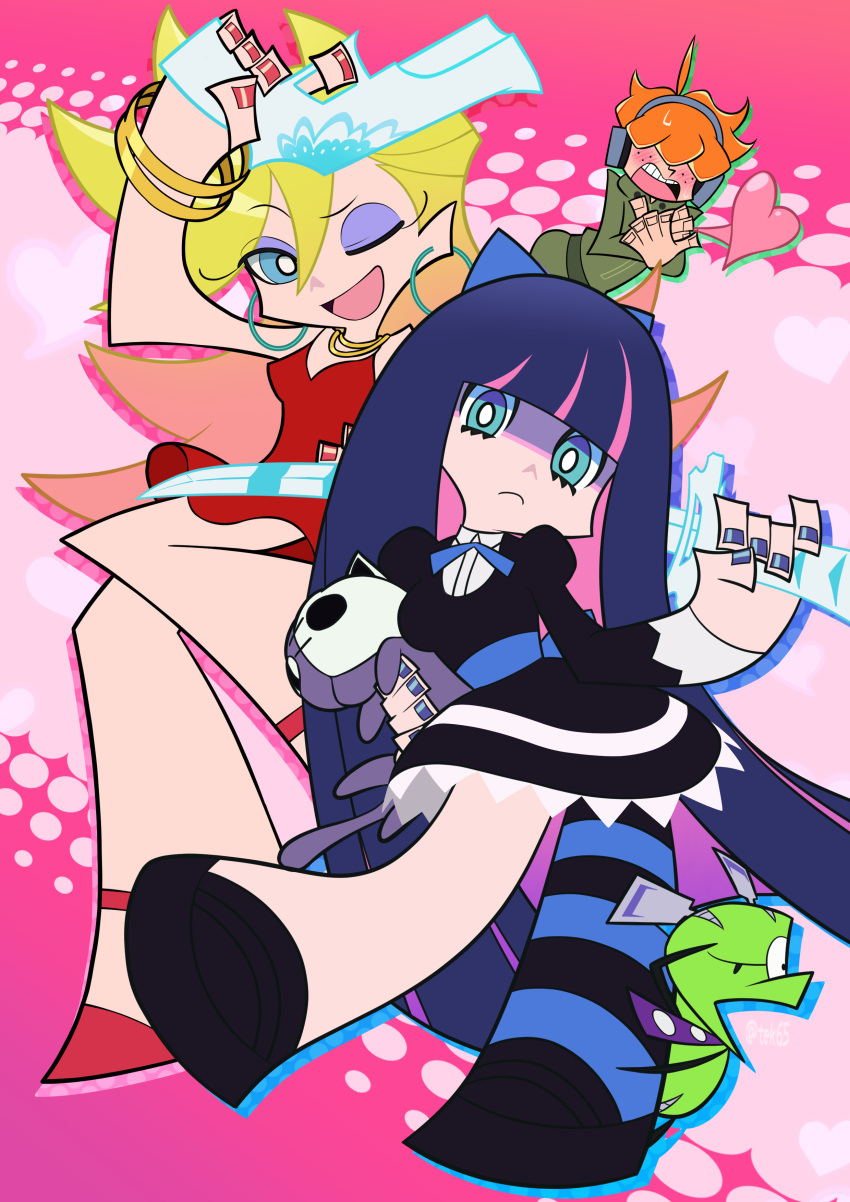 1boy 2girls ;d absurdres ahoge arm_up black_dress blonde_hair blue_eyes blue_hair blue_nails blunt_bangs blush brief_(psg) bright_pupils closed_mouth colored_inner_hair commentary_request deformed dress eyeshadow freckles frilled_dress frills frown full_body girugiru_(tektonics6588) gun hair_over_eyes hand_up headphones heart hetero highres holding holding_gun holding_sword holding_weapon juliet_sleeves long_hair long_sleeves looking_at_viewer lovestruck makeup multicolored_hair multiple_girls nail_polish official_style one_eye_closed open_mouth orange_hair panty_&amp;_stocking_with_garterbelt panty_(psg) pink_background pink_hair puffy_sleeves purple_eyeshadow red_dress red_nails shaded_face short_dress short_hair siblings simple_background single_thighhigh sisters sleeveless sleeveless_dress smile standing stocking_(psg) striped_clothes striped_thighhighs sword teeth thighhighs two-tone_hair upper_teeth_only very_long_hair weapon white_pupils