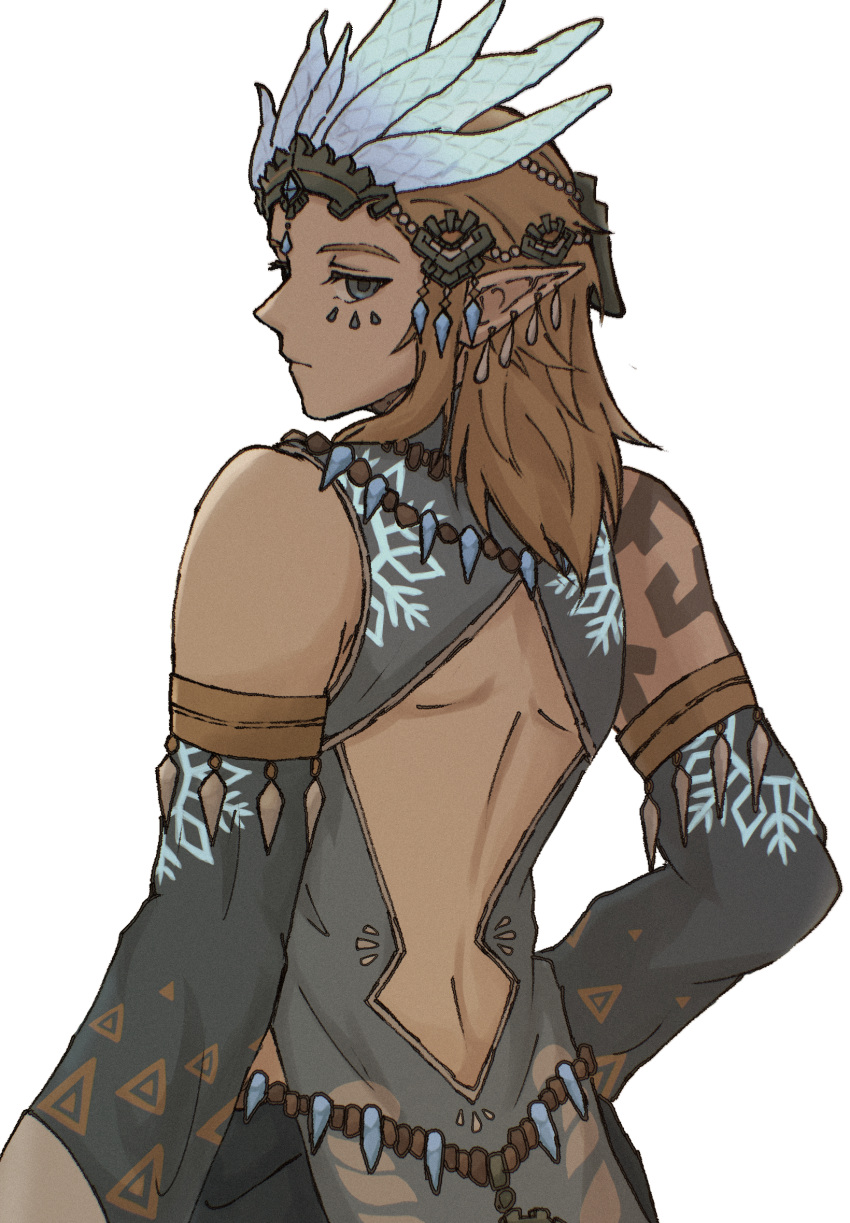 1boy backless_outfit bare_shoulders blonde_hair blue_sleeves commentary_request detached_sleeves earrings facial_mark from_behind frostbite_set_(zelda) highres horns jewelry link long_hair looking_at_viewer looking_back male_focus nikohakaeritai official_alternate_costume pointy_ears simple_background solo the_legend_of_zelda the_legend_of_zelda:_tears_of_the_kingdom upper_body white_background