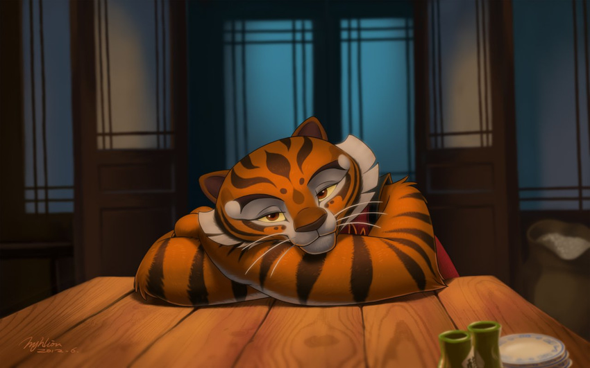 bedroom_eyes black_nose commission cute feline female hyhlion kung_fu_panda looking_at_viewer mammal master_tigress red_eyes resting smile solo stripes table tiger whiskers