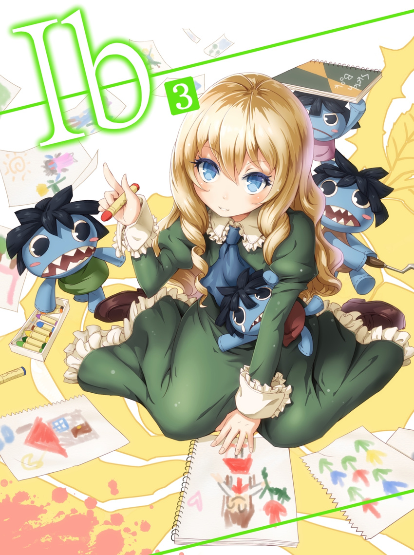 blonde_hair blue_eyes copyright_name crayon curly_hair doll doll_(ib) dress futsuka_(dzone) grin highres ib kneeling long_hair mary_(ib) palette_knife sketchbook smile