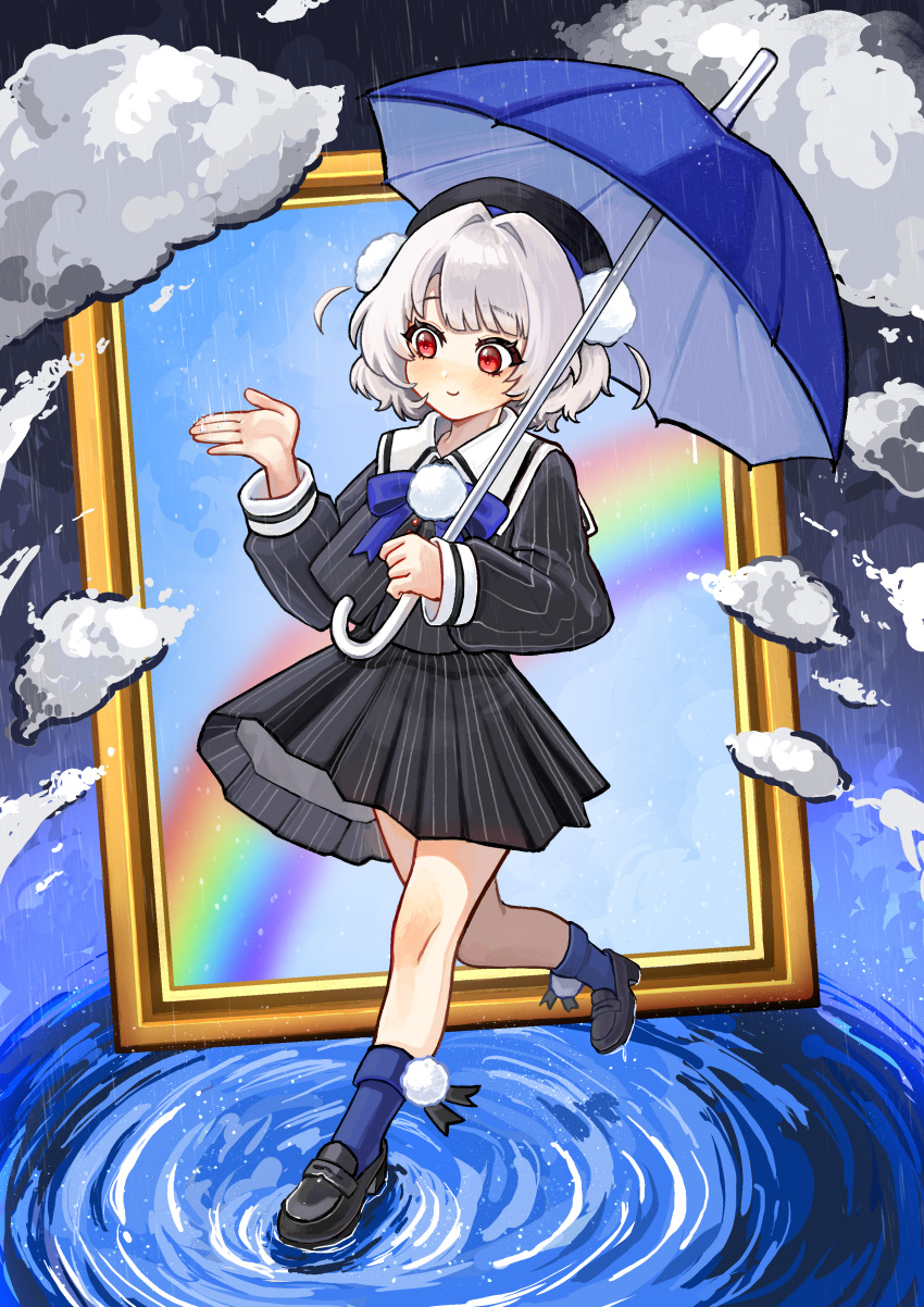 1girl absurdres beret black_hat black_shirt black_shoes black_skirt blue_bow blue_socks blue_umbrella blush bow closed_mouth cloud commentary_request embarrassed grey_hair hat highres holding holding_umbrella indie_virtual_youtuber loafers long_sleeves pinstripe_pattern pinstripe_shirt pinstripe_skirt pleated_skirt puffy_long_sleeves puffy_sleeves rain rainbow red_eyes ripples shibedraws shigure_ui_(vtuber) shirt shoes skirt sleeves_past_wrists smile socks solo two_side_up ui_(voisona) umbrella virtual_youtuber voisona walking water