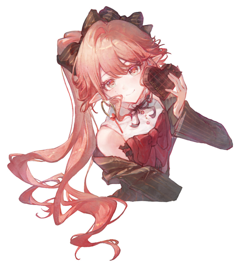 1girl arknights bare_shoulders black_bow black_jacket bow box chinese_commentary closed_mouth commentary_request cropped_torso curly_hair earrings gift hair_bow haruka_(arknights) heart-shaped_box highres holding holding_gift jacket jewelry long_hair long_sleeves looking_at_viewer luoxi mole mole_on_cheek off_shoulder official_alternate_costume official_alternate_hairstyle pink_hair pointy_ears procreate_(medium) red_bow red_hair shirt side_ponytail simple_background smile solo upper_body valentine very_long_hair white_background white_shirt