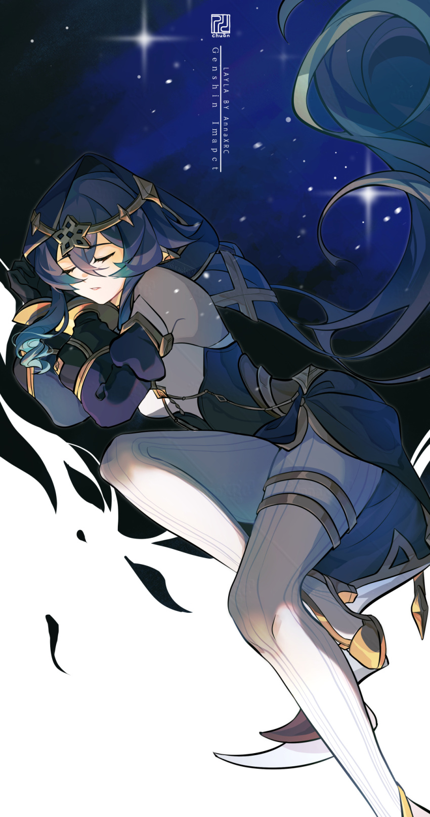 1girl blue_hair blue_hood blue_sleeves circlet claw_ring commentary_request detached_sleeves drill_hair drill_sidelocks genshin_impact gold_choker gold_shoes highres hood hood_up jewelry layla_(genshin_impact) neck_ring pantyhose ringlets shoes sidelocks thighlet twin_drills white_pantyhose xrchuan_(annaxrc)